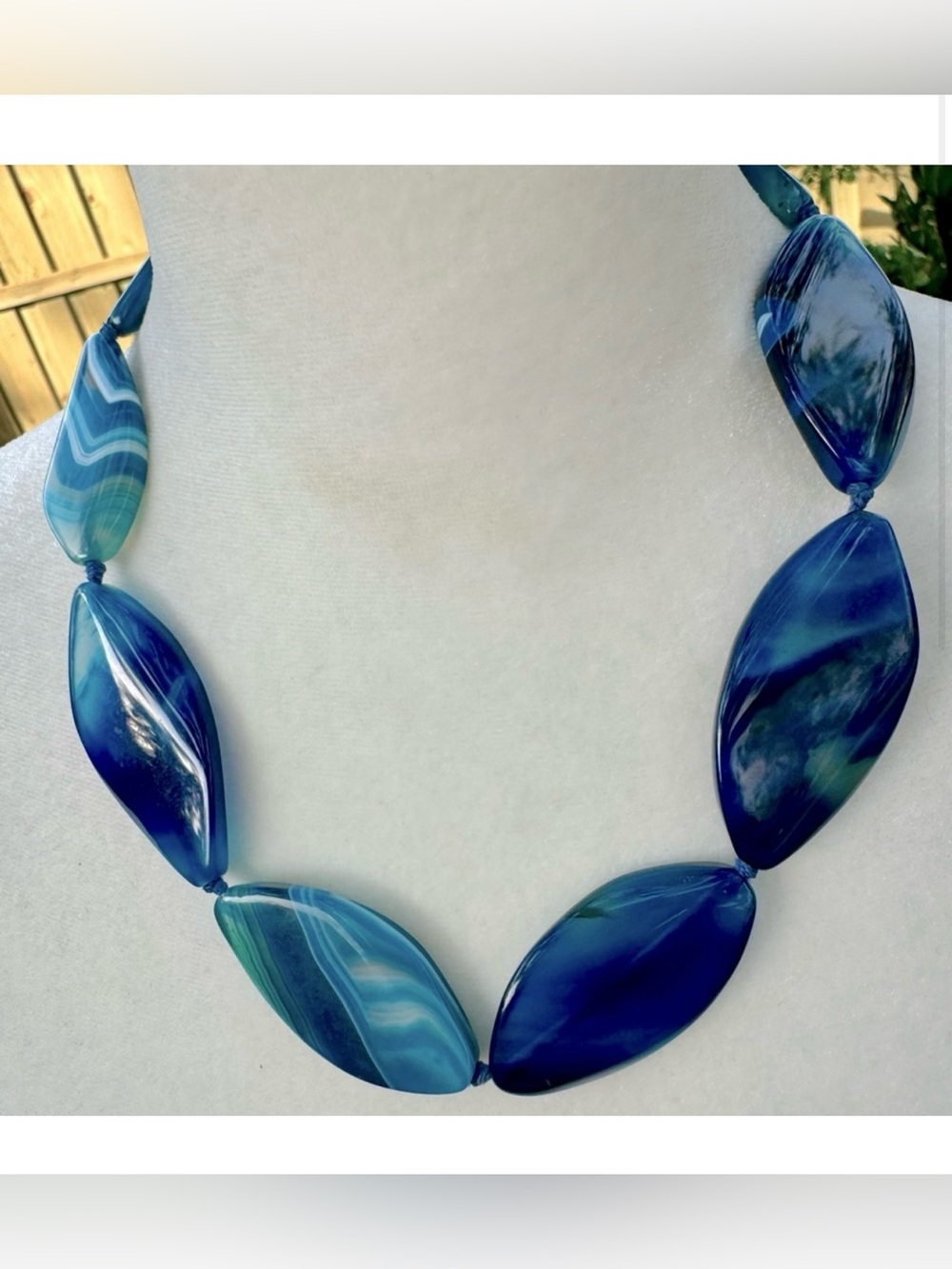 Vintage Chunky Blue Banded Agate  Hand Crafted Statement Necklace.